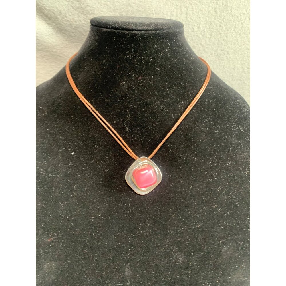 Brown Leather Pendant Necklace with Pink Stone & Silver Accent 18"